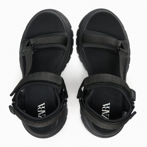 Zara Black Lug Sole Strappy Sandals, Size 10/41 - Picture 4 of 6